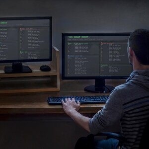Pu&ograve; includere: Una persona che lavora su un computer con due monitor che mostrano codice. Il testo "VIM CHEAT SHEET" &egrave; visibile. Una tastiera e un mouse sono sulla scrivania. La persona indossa una felpa con cappuccio grigia.