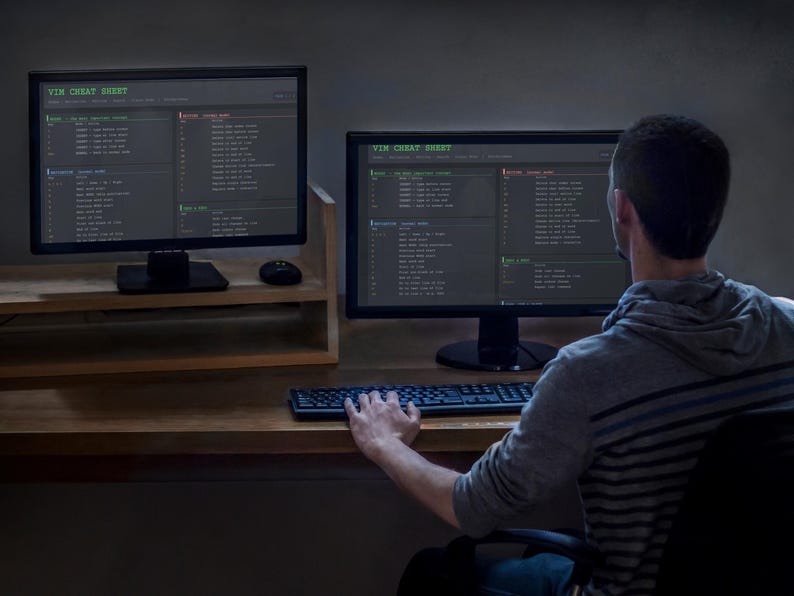 Pu&ograve; includere: Una persona che lavora su un computer con due monitor che mostrano codice. Il testo "VIM CHEAT SHEET" &egrave; visibile. Una tastiera e un mouse sono sulla scrivania. La persona indossa una felpa con cappuccio grigia.
