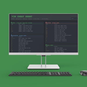 Pu&ograve; includere: Un monitor di computer che mostra una "VIM CHEAT SHEET" su uno sfondo verde. Una tastiera nera e un mouse grigio sono di fronte al monitor. Il monitor &egrave; supportato da un supporto argentato.