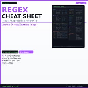 May include: A white PDF document titled "REGEX CHEAT SHEET" with black text, including "Regular Expressions Reference." The document features a dark terminal aesthetic and is 8.5 x 11 inches in size. It is a 2-page reference.