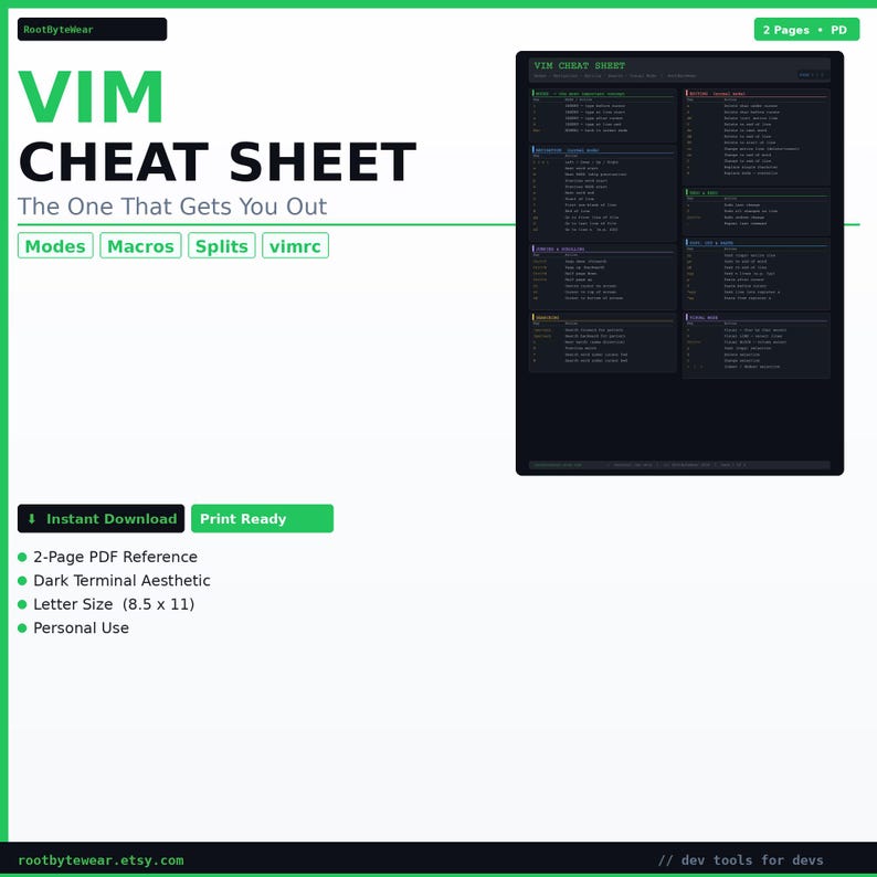 Pu&ograve; includere: Un documento PDF bianco intitolato "VIM CHEAT SHEET" con accenti verdi e neri. Il documento include il testo "The One That Gets You Out" ed elenca "Modes", "Macros", "Splits" e "vimrc". Il documento misura 21,59 x 27,94 cm.