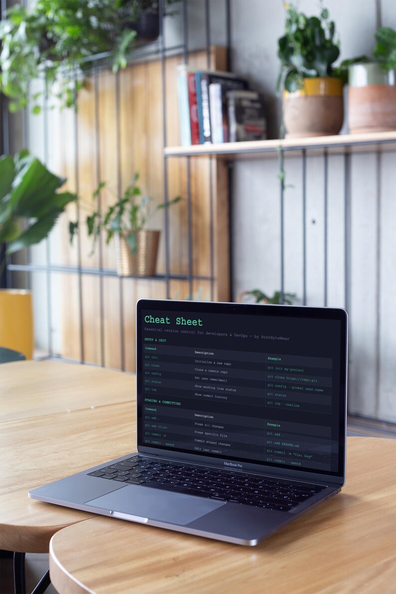 Pu&ograve; includere: Un laptop MacBook Pro che mostra una "Cheat Sheet" per sviluppatori e DevOps. Lo schermo mostra comandi, descrizioni ed esempi. Il laptop &egrave; su un tavolo rotondo di legno, con piante e scaffali sullo sfondo.