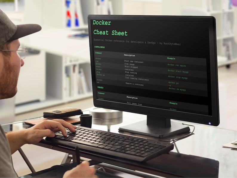 May include: A person wearing a cap and glasses is working on a computer. The screen shows a "Docker Cheat Sheet" with green text on a black background. The keyboard and mouse are in front of the screen. The text provides essential Docker reference for developers.