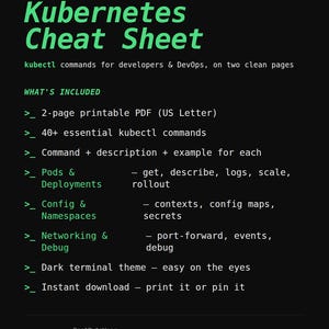 May include: A black digital document titled Kubernetes Cheat Sheet with green text. It lists kubectl commands for developers and DevOps, including sections for pods, deployments, config, namespaces, networking, and debug, formatted as a 2-page printable PDF.