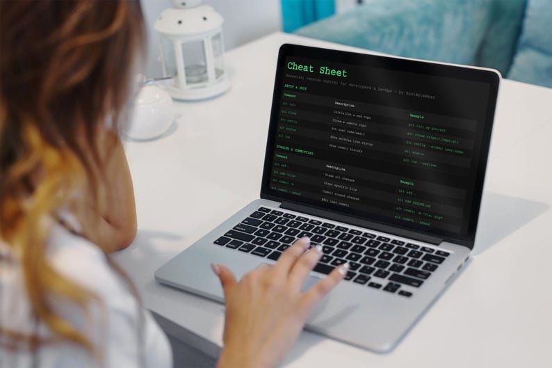 Pu&ograve; includere: Un laptop mostra una "Cheat Sheet" con testo verde su sfondo nero. Lo schermo mostra un elenco di comandi e descrizioni. Una mano &egrave; sulla tastiera. Il laptop &egrave; su una superficie bianca.