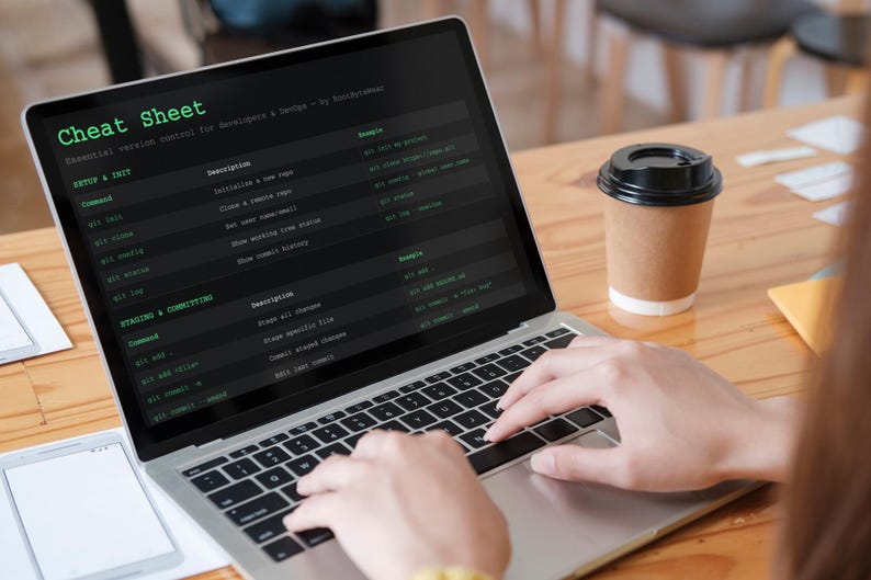 Pu&ograve; includere: Un laptop mostra una "Cheat Sheet" per sviluppatori, con esempi di codice e comandi. Una persona sta digitando sulla tastiera. Una tazza di caff&egrave; usa e getta &egrave; su un tavolo di legno.