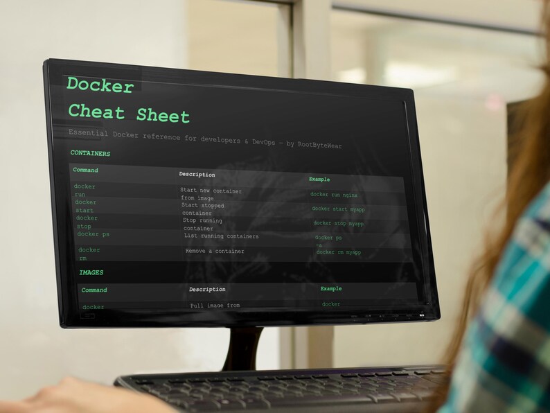 May include: A computer monitor shows a "Docker Cheat Sheet" with green text on a black screen. The text includes commands and descriptions for Docker. The screen is angled towards the viewer, with a keyboard in the foreground. The text includes "CONTAINERS" and "IMAGES".
