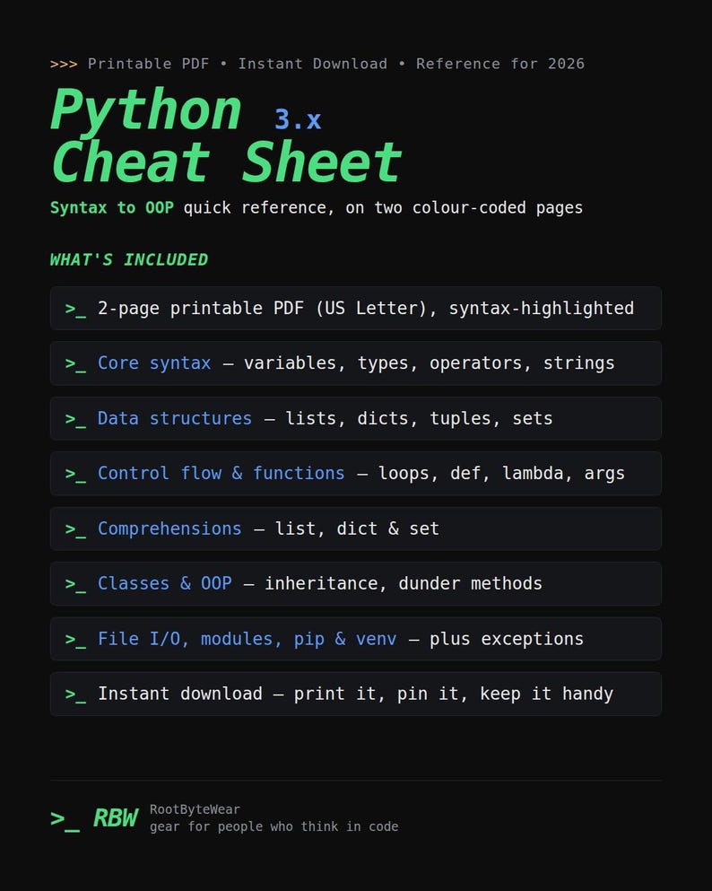 以下が含まれることがあります： 緑色のテキストでPython 3.x Cheat Sheetと書かれた黒いデジタルドキュメント。2ページの印刷可能なPDF、コア構文、データ構造、制御フロー、関数、内包表記、クラス、OOP、ファイルI/Oモジュールなどの機能が記載されています。