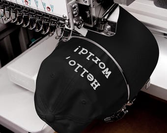Embroidered Hello World Dad Hat, Black Unstructured Snapback, Coder Gift