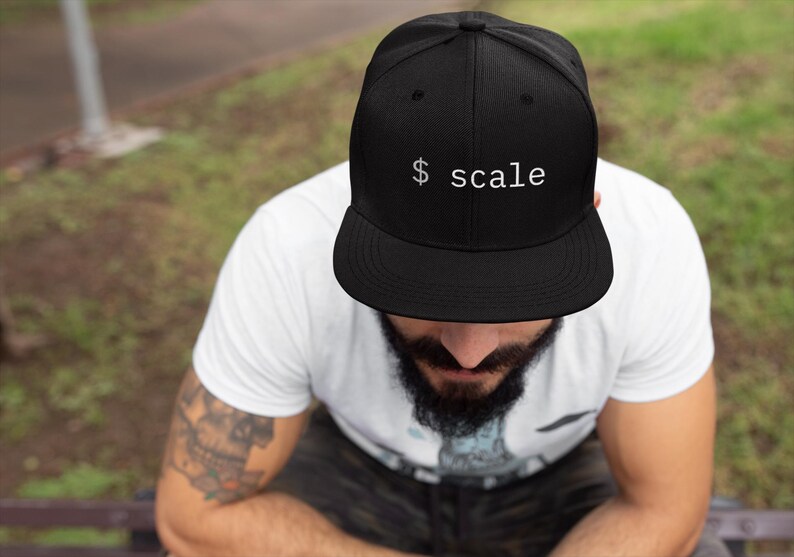 May include: Black baseball cap with the word "scale" in white, featuring a dollar sign. The cap is a flat-brim style, and the text is centered on the front. The cap is worn by a person.