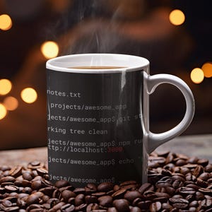 May include: A white ceramic mug with a black exterior featuring white terminal command line text including notes.txt, projects/awesome_app, git status, working tree clean, npm run, and echo. The mug contains a hot beverage with visible steam.