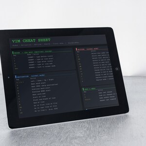 Pu&ograve; includere: Un tablet nero che mostra una "VIM CHEAT SHEET" in testo verde. Lo schermo mostra un'interfaccia scura con testo bianco, inclusi comandi e istruzioni di navigazione. Il tablet &egrave; inclinato su una superficie grigio chiaro.