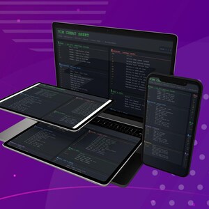 Pu&ograve; includere: Un laptop, due tablet e uno smartphone che mostrano un "VIM Cheat Sheet" su uno sfondo viola. Gli schermi mostrano righe di codice in un tema scuro. I dispositivi sono disposti per mostrare gli schermi.