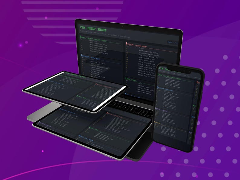 Pu&ograve; includere: Un laptop, due tablet e uno smartphone che mostrano un "VIM Cheat Sheet" su uno sfondo viola. Gli schermi mostrano righe di codice in un tema scuro. I dispositivi sono disposti per mostrare gli schermi.