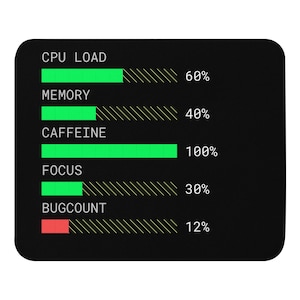 May include: Black mousepad with a graphic displaying CPU load, memory, caffeine, focus, and bug count percentages. The text and bars are in green and white, except for the bug count, which is red.