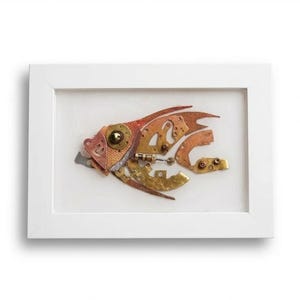 Steampunk Art Metal Fish - Mixed Media Clockwork Sculpture in White Frame