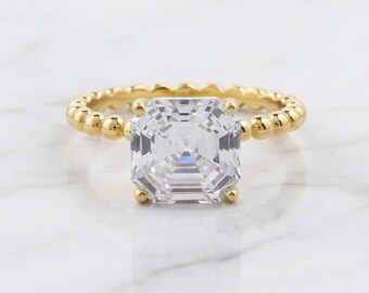 Gouden smaragd geslepen moissaniet verlovingsring, band met kralen