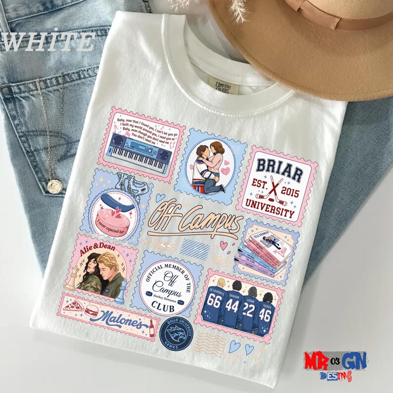 A white t-shirt with various colorful and whimsical illustrations, including a couple, a hat, and other objects, as well as text related to the "Off Campus" club at Briar University.