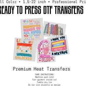 The image is a promotional advertisement for professional heat transfers, featuring a collage of colorful and artistic designs.