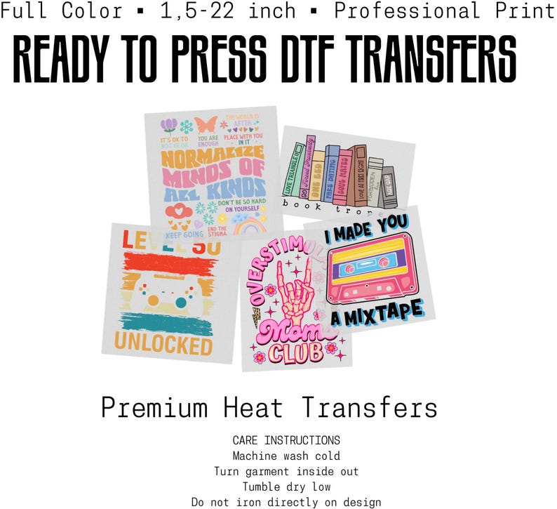 The image is a promotional advertisement for professional heat transfers, featuring a collage of colorful and artistic designs.