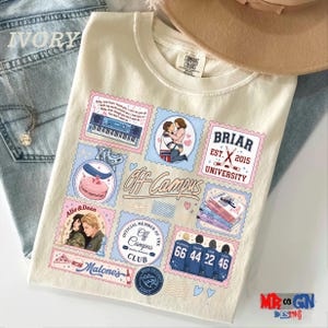 a white t-shirt with various colorful and whimsical illustrations and text, including a collage of images and text related to the "Off Campus" club at Briar University.