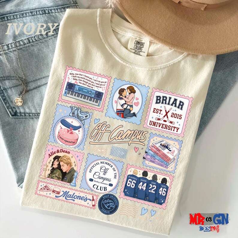 a white t-shirt with various colorful and whimsical illustrations and text, including a collage of images and text related to the "Off Campus" club at Briar University.