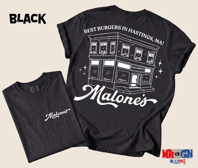 a black t-shirt with a graphic design depicting a building and the text "Malone's" above it.