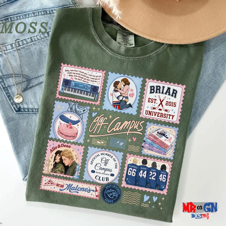 a green t-shirt with various colorful and whimsical illustrations and text, including a collage of different images and logos.