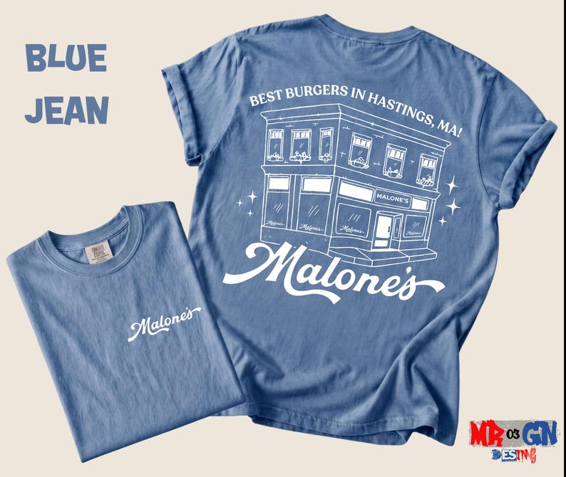 a blue t-shirt with a graphic design of a building and the text "Malone's" printed on it.