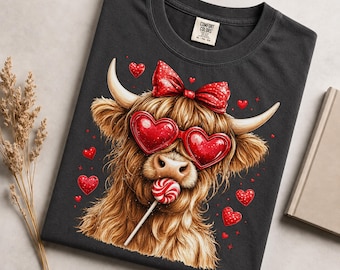 Highland Cow Valentine Shirt: Sweetheart Sunglasses Candy Lover Tee
