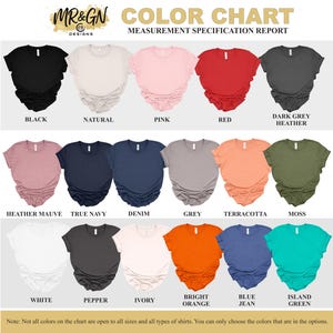 The image is a color chart that displays various color options for t-shirts, including black, natural, pink, red, dark grey, heather mauve, true navy, denim, grey, terracotta, moss, white, pepper, ivory, bright orange, blue, and green.