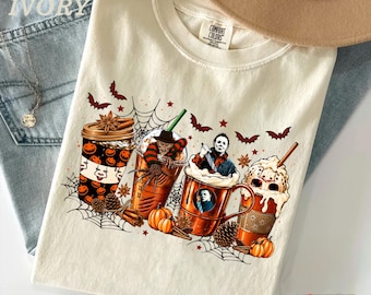 Spooky Halloween Coffee Shirt: Horror Drink, Autumn Pumpkin Bat Graphic Tee