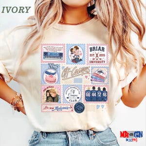 A person wearing a white t-shirt with a collage of various images and text, including a college-themed design.