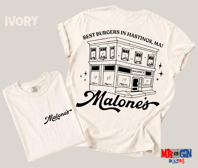 a white t-shirt with a graphic design depicting a building and the text "Malones" written on it.