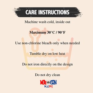 care instructions for a machine wash, including temperature and care instructions.