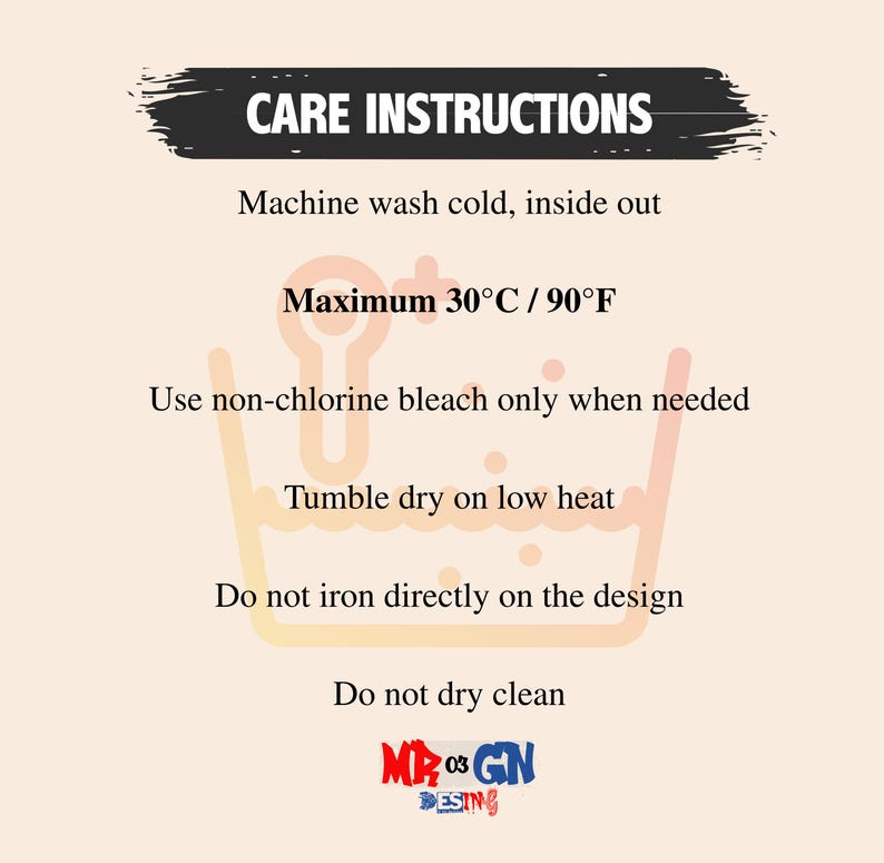 care instructions for a machine wash, including temperature and care instructions.