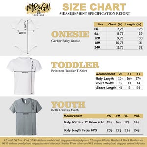 The image is a size chart for baby clothes, including a one-piece baby onesie, a toddler printnest toddler t-shirt, and a youth printnest youth t-shirt. The chart provides measurements for each size, such as chest, waist, and sleeve length, as well as the corresponding measurements in inches.