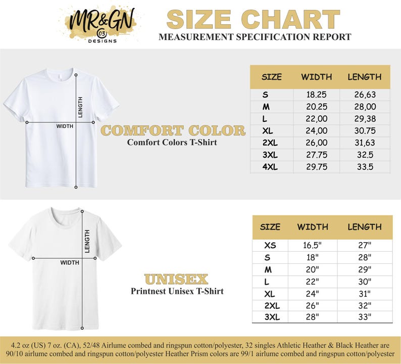The image is a size chart for a men's t-shirt, providing measurements for different sizes and corresponding widths.