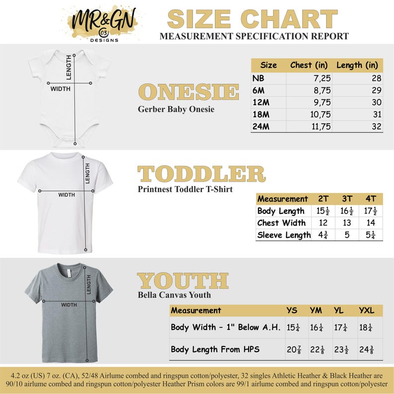 The image is a size chart for baby clothes, including a one-piece baby onesie, a toddler printnest toddler t-shirt, and a youth printnest youth t-shirt. The chart provides measurements for each size, such as chest, waist, and sleeve length, as well as the corresponding measurements in inches.