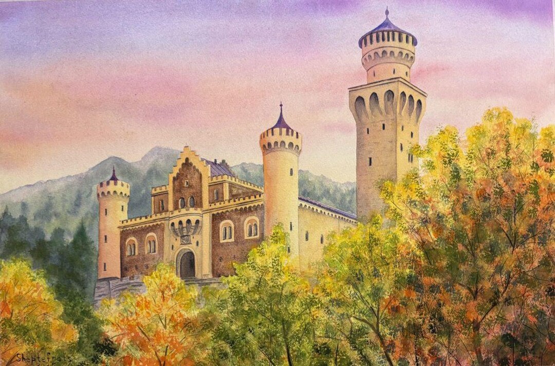 Fairytale Castle in Autumn Light. Original Watercolor Painting 56×38 Cm ...