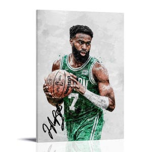 May include: A canvas print featuring a watercolor-style portrait of a basketball player in a green and white jersey, holding a basketball. The player's jersey number is 7. The print includes the player's signature.