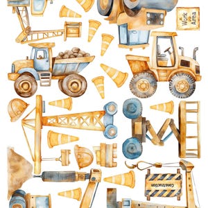 May include: A watercolour illustration of construction vehicles and equipment, including a dump truck, crane, and bulldozer. The image features yellow and blue vehicles, orange traffic cones, and a "Work Area" sign.