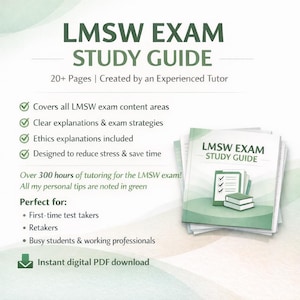 Puede incluir: Una guía de estudio para el examen LMSW. La portada es de color verde claro con el título "LMSW EXAM STUDY GUIDE" en verde oscuro. La guía incluye contenido del examen, explicaciones, estrategias y explicaciones éticas. Descarga instantánea de PDF digital.