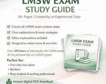 May include: A digital LMSW Exam Study Guide featuring a stack of documents with a green cover. The text reads LMSW Exam Study Guide, 20+ Pages, Created by an Experienced Tutor, Covers all LMSW exam content areas, Clear explanations, and Instant digital PDF download.