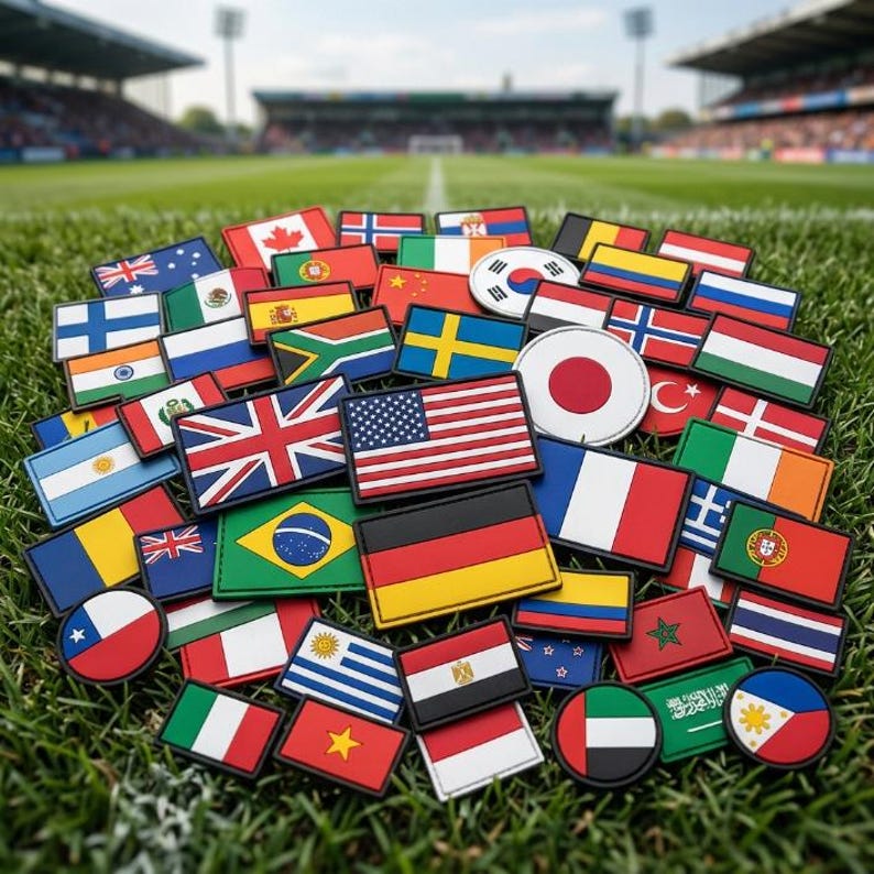 May include: A collection of rectangular and circular patches featuring flags from various countries, including the United States, United Kingdom, and Japan. The patches are arranged on a green grassy surface, with a blurred stadium in the background.