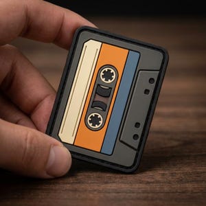 May include: A rectangular patch shaped like a vintage cassette tape with a black border. The design features a cream-colored label section, a bright orange center strip, a blue panel, and a dark gray frame with two circular holes on the right side.