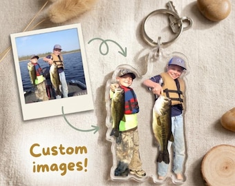 Custom Acrylic Photo Block Keychain Personalized Gift For Young Fisherman Birthday Christmas Keepsake Happy Fish Charm Clear Die Cut Keyring