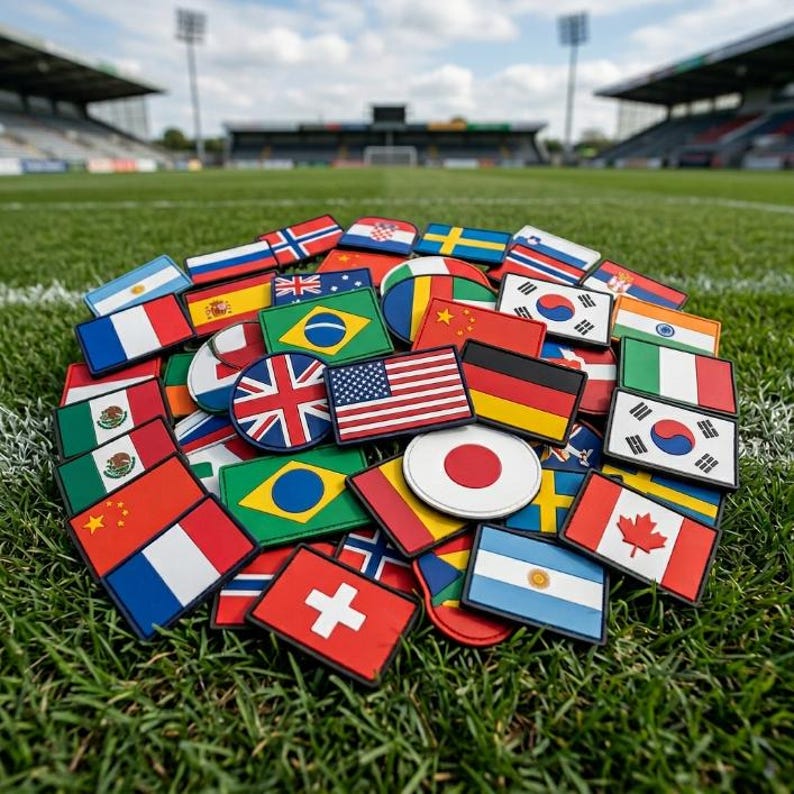 May include: A collection of flag patches from various countries, including the United States, Brazil, and Japan, arranged on a green field. The patches are rectangular and oval, with vibrant colors and detailed designs. The background shows a stadium.