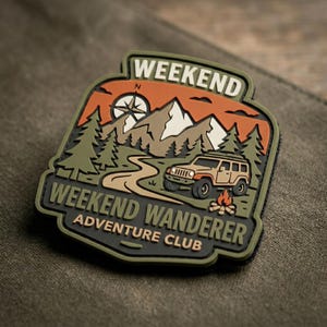 May include: A rubberized patch featuring an outdoor scene with a tan SUV, a campfire, pine trees, mountains, and a compass. The text reads WEEKEND, WEEKEND WANDERER, and ADVENTURE CLUB in raised lettering against a dark olive green and orange background.