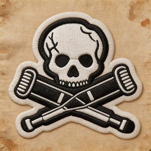 May include: An embroidered patch featuring a white skull with black eye sockets and nasal cavity, positioned above two crossed black and white crutches. The design is outlined in thick white thread, creating a high-contrast graphic emblem.